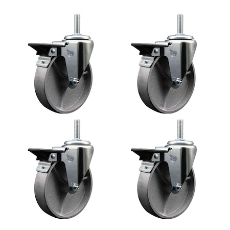 Service Caster 5 Inch Semi Steel Wheel Swivel 34 Inch Threaded Stem Caster Set with Brake SCC SCC-TS20S515-SSR-PLB-34212-4
